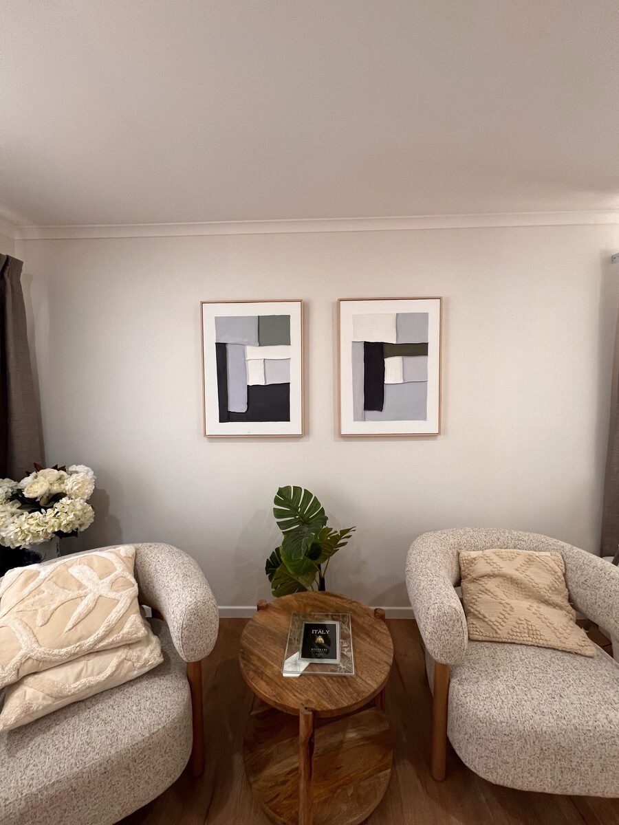 A diptych hung side by side in a Sunshine Coast hallway, centred between two doorways.